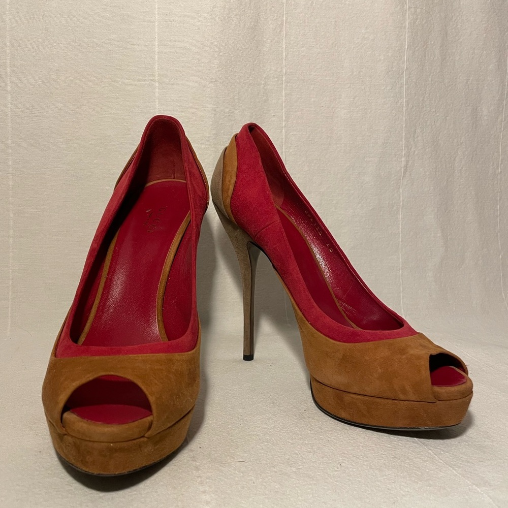 Super Cool Suede Pinky Red and Brown Peep Toe Heels